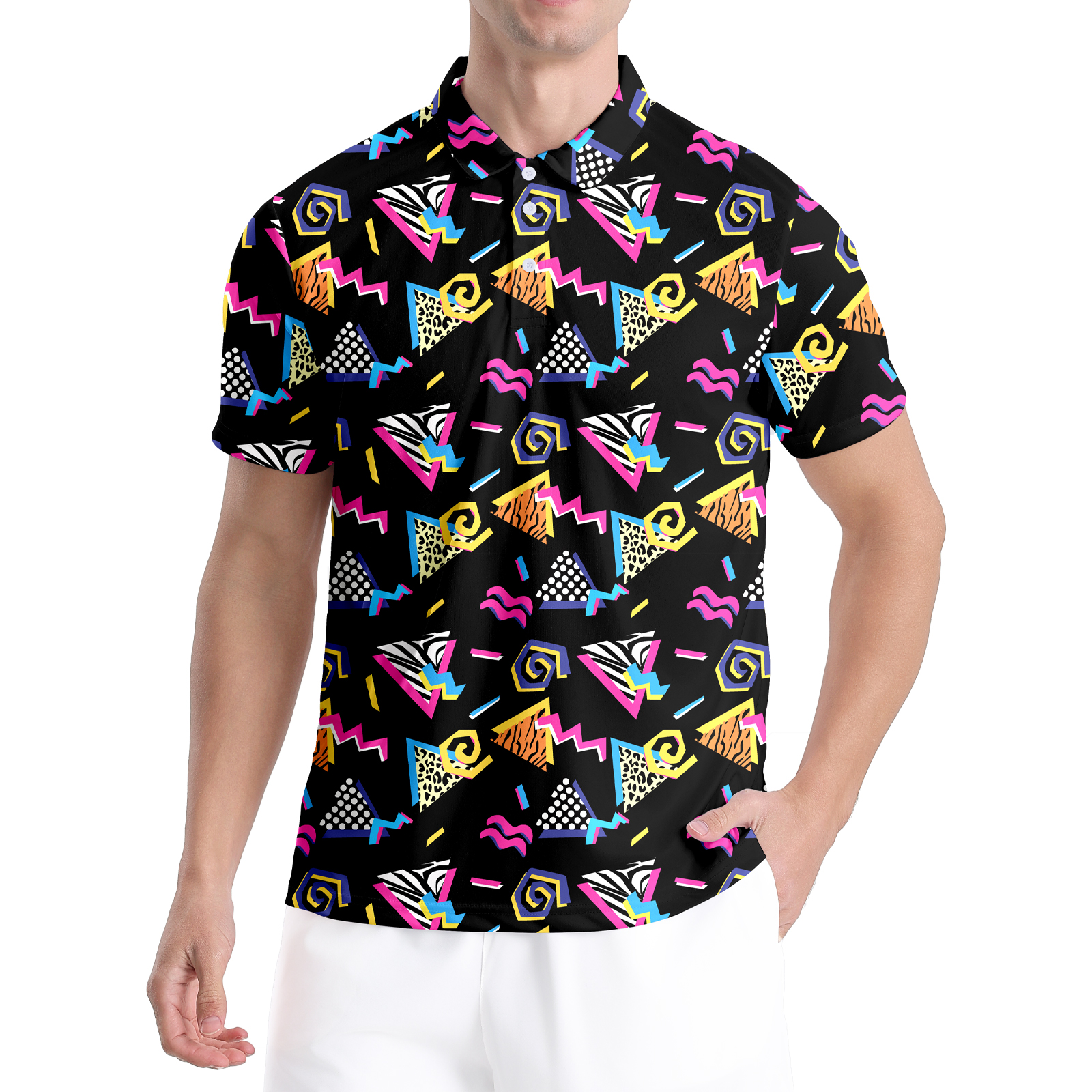 AMHebe black men's polo with 80s and tropical print