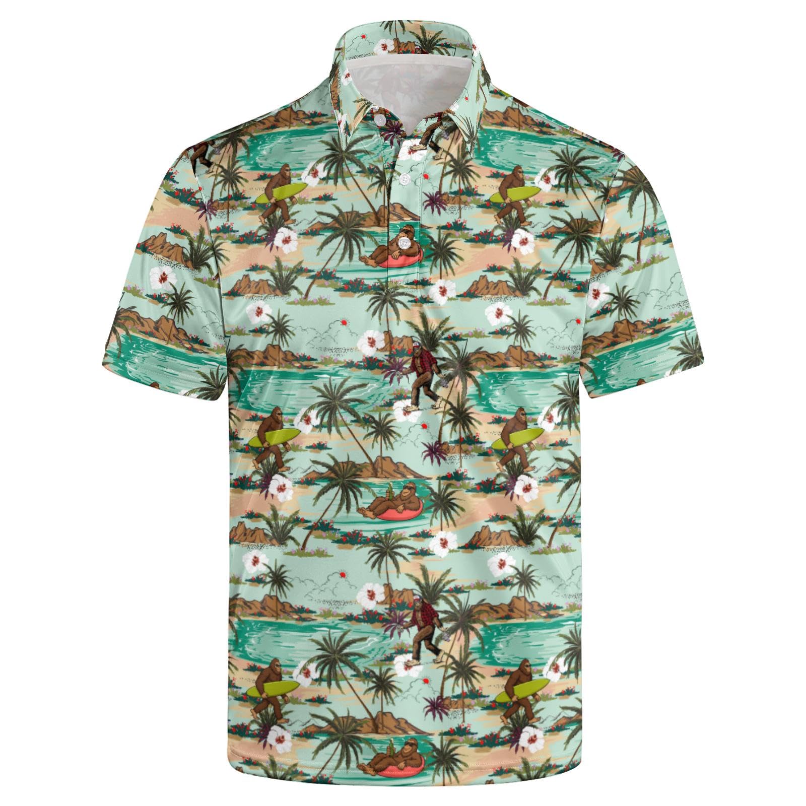 AMHebe mint green men's polo with tropical beach print