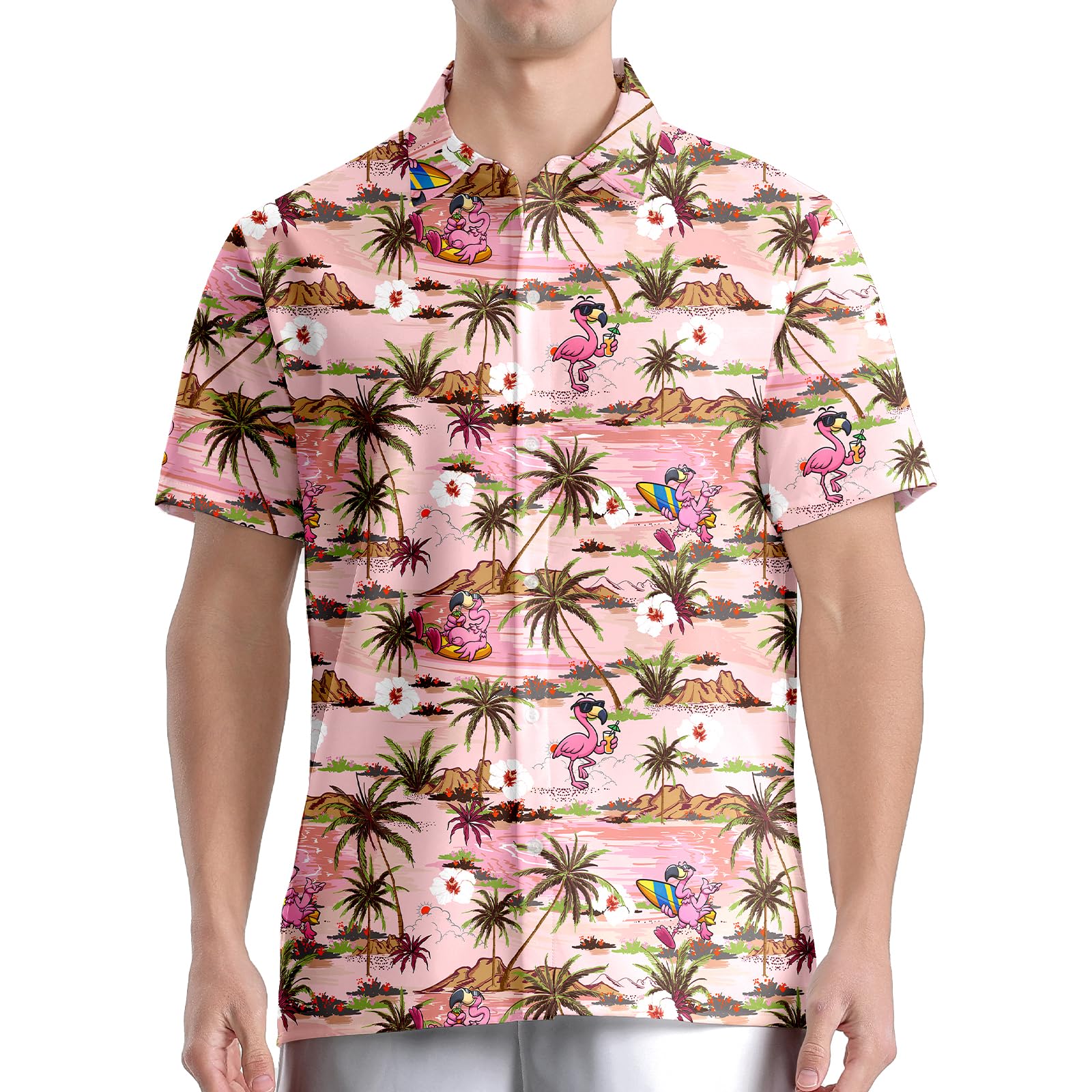 AMHebe pink men's Hawaiian button-down shirt with flamingo and palm print