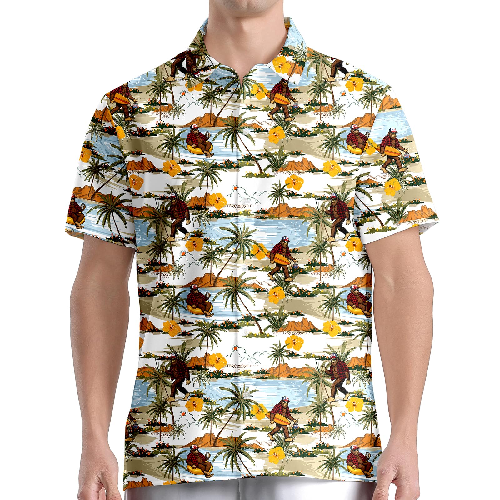 AMHebe white men's Hawaiian button-down shirt with beach and floral print